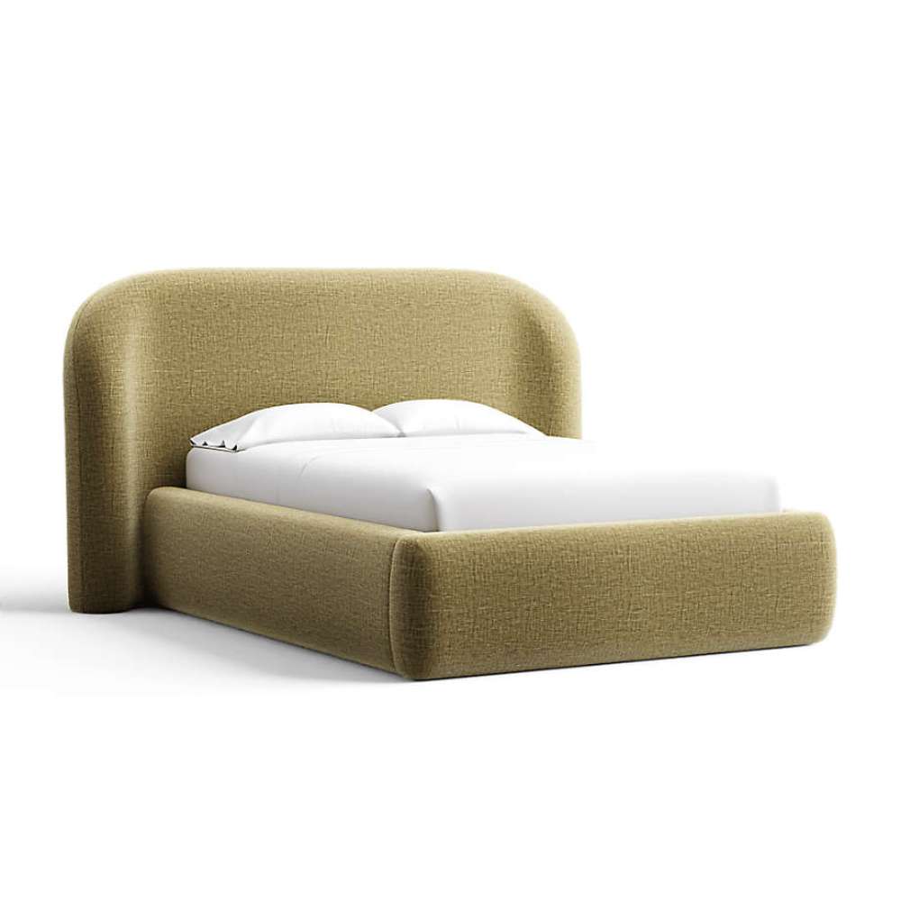 Fabric Olive (Doux Chenille) Crate & Barrel Adelaide Curved Upholstered Bed in olive chenille upholstery with a rounded headboard and thick upholstered rails