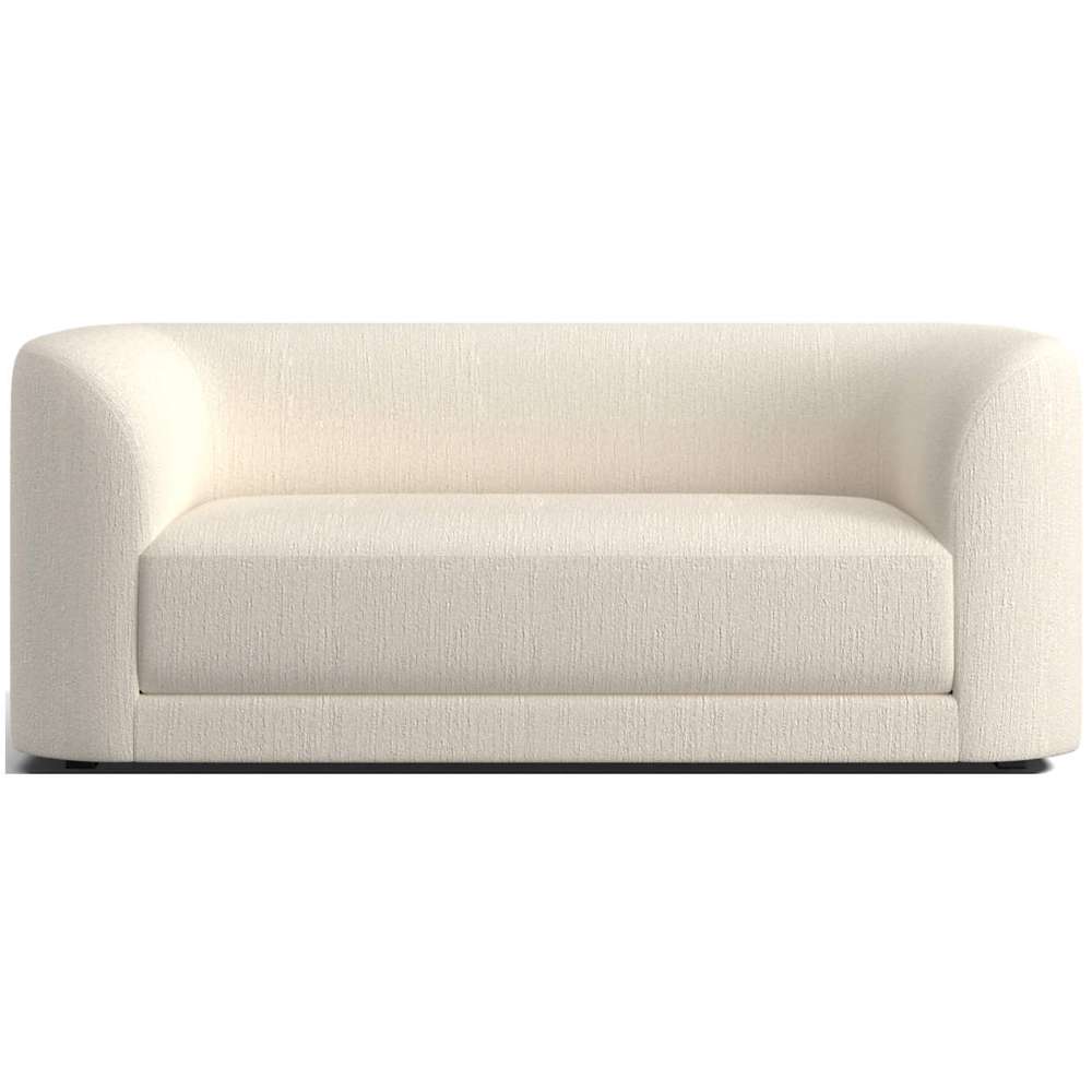 Fabric Oyster (Bouvier Boucle) Crate & Barrel Contour Sofa upholstered in cream boucle fabric with soft curves, a deep seat, and a modern low-profile design