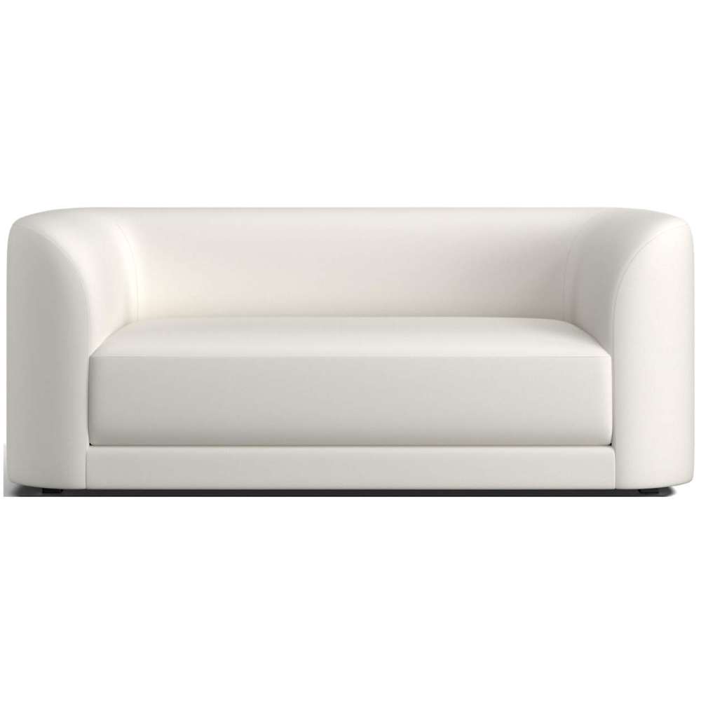 Fabric Pearl (Opus Recycled Chenille) Crate & Barrel Contour Sofa in light pearl chenille fabric with curved sides, a thick seat cushion, and a modern look