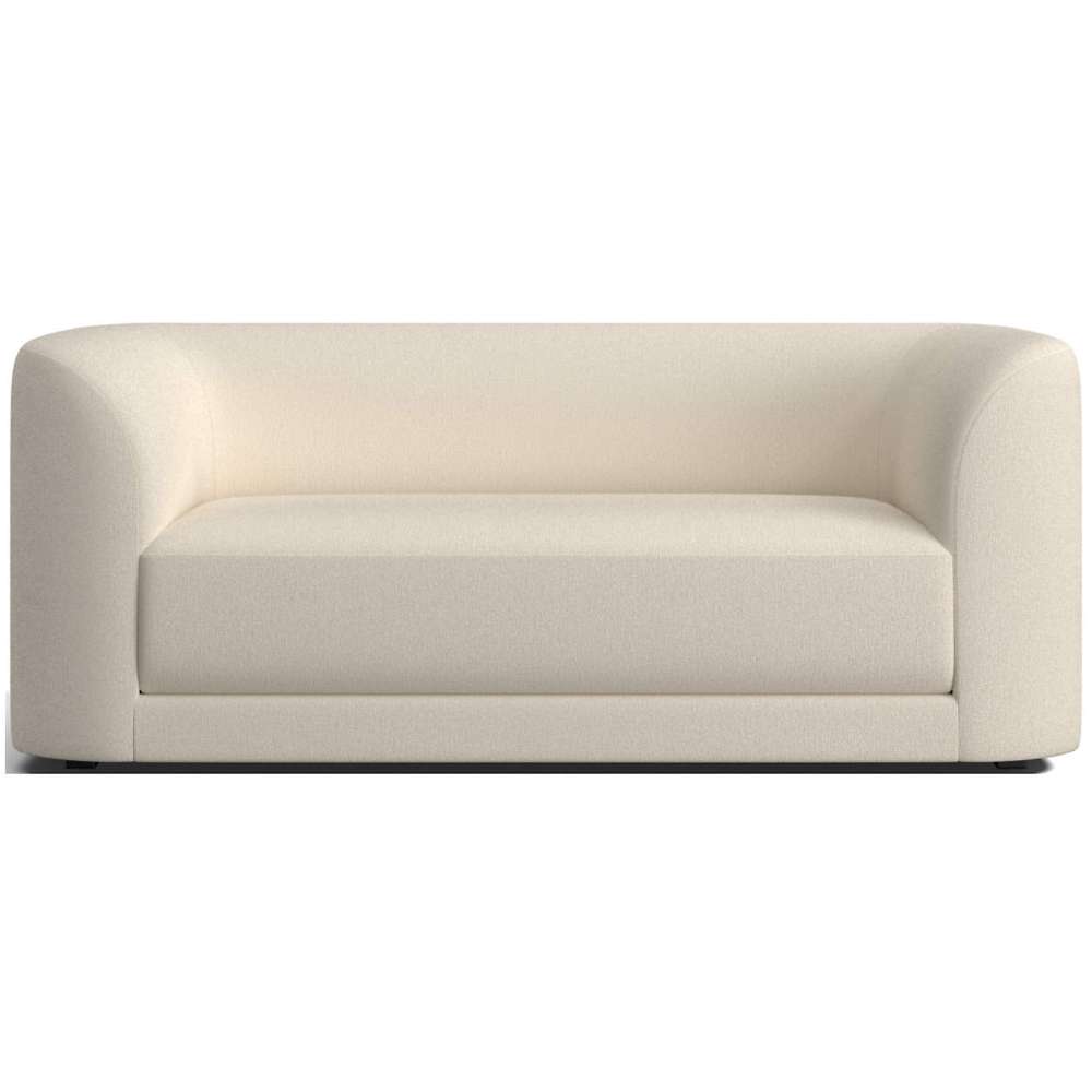 Fabric Pebble (Tessa Textured Weave) Crate & Barrel Contour Sofa upholstered in light beige textured weave fabric with rounded edges and a spacious cushioned seat