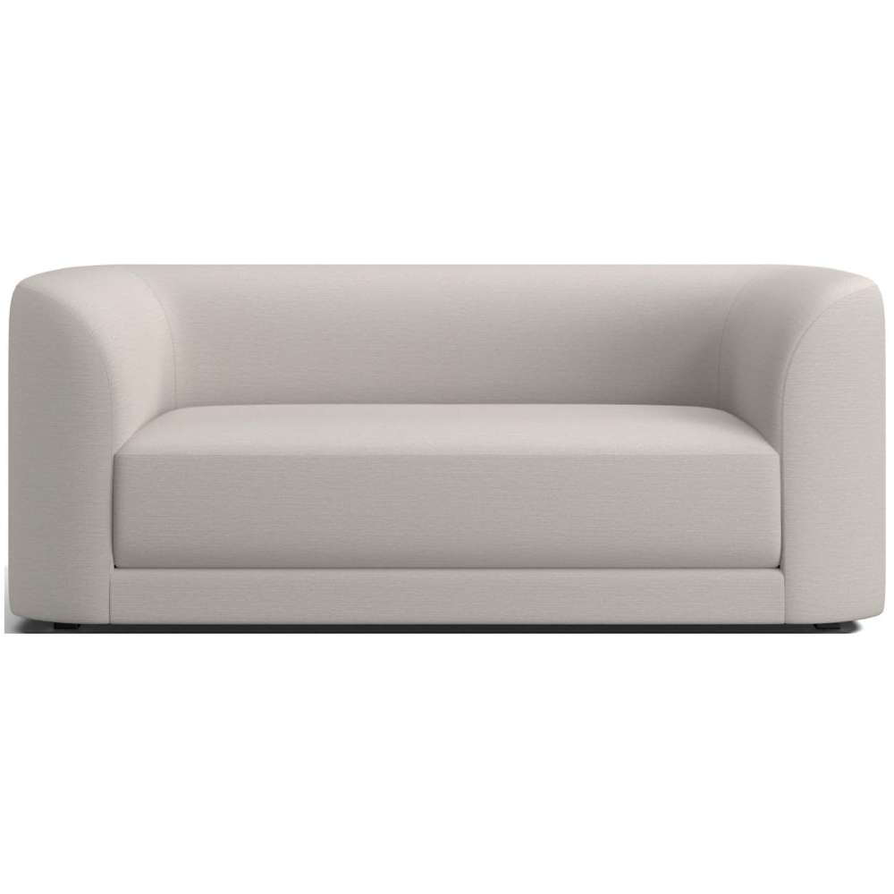 Fabric Powder (Tahoe Chenille) Crate & Barrel Contour Sofa upholstered in soft light gray chenille with rounded arms, a deep seat, and a sleek modern silhouette