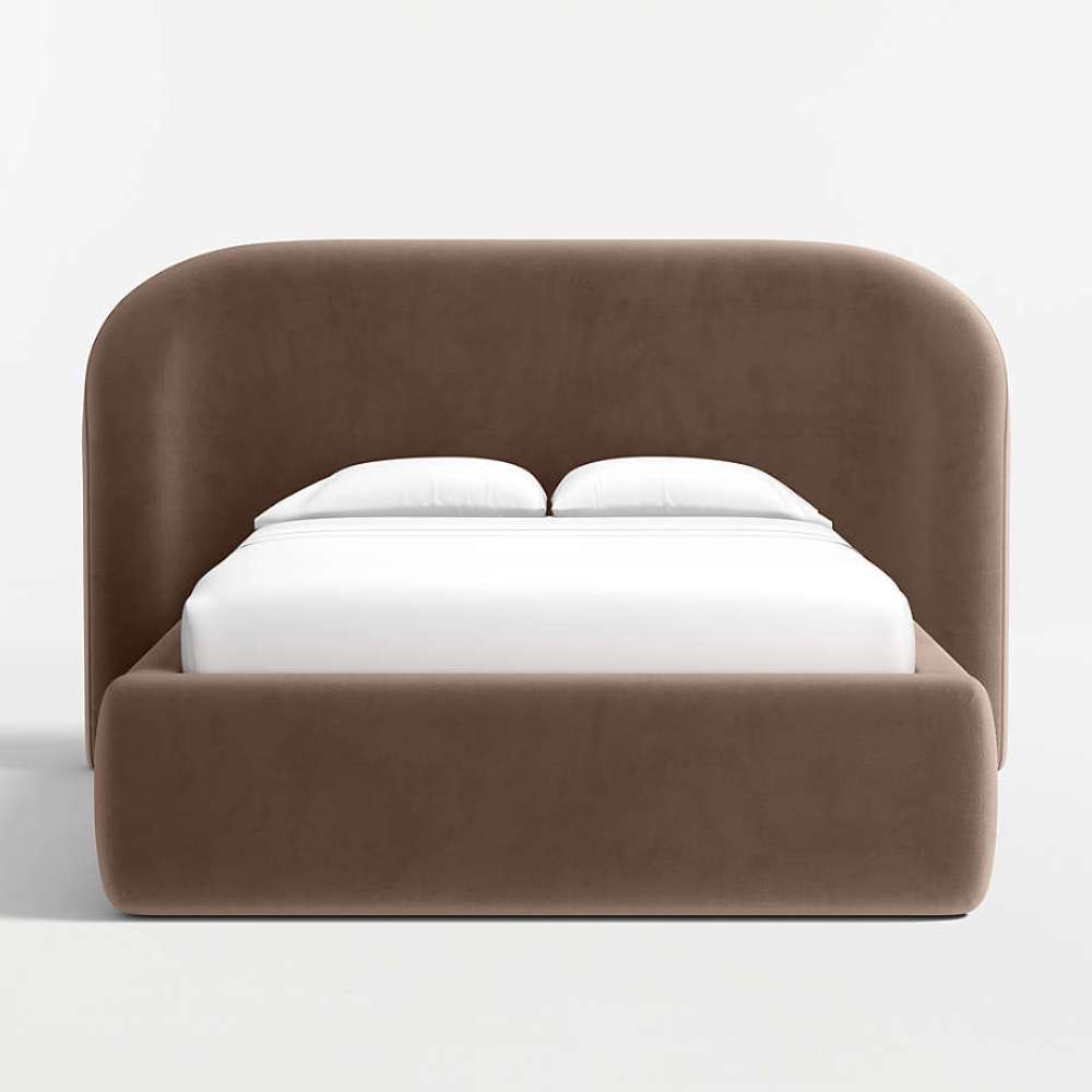 Fabric Rosewood (Palisades Recycled Chenille) Crate & Barrel Adelaide Curved Upholstered Bed shown from the front with rosewood chenille upholstery, a curved headboard, and a padded footboard
