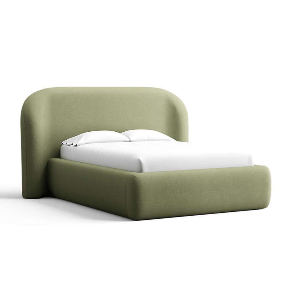 Fabric Sage (Linen Linen Weave) Crate & Barrel Adelaide Curved Upholstered Bed in sage green linen upholstery with a rounded headboard and soft upholstered platform