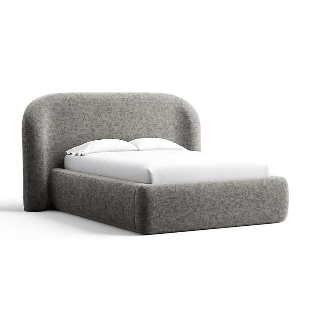 Fabric Seal (Monet Recycled Chenille) Crate & Barrel Adelaide Curved Upholstered Bed wrapped in seal gray chenille with a curved headboard and padded platform