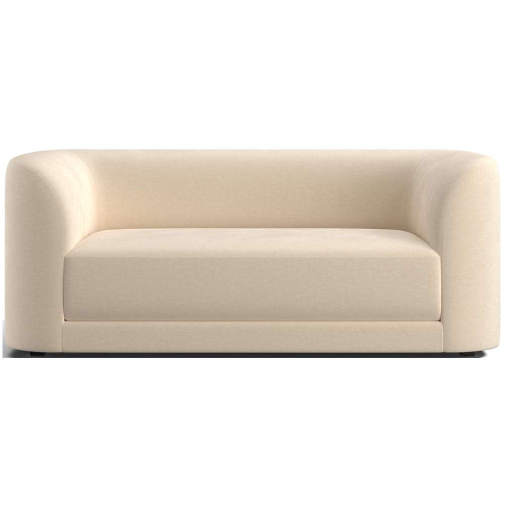 Fabric Sesame (Cypress Chenille) Crate & Barrel Contour Sofa upholstered in warm ivory chenille with curved arms, a deep seat, and a minimalist silhouette