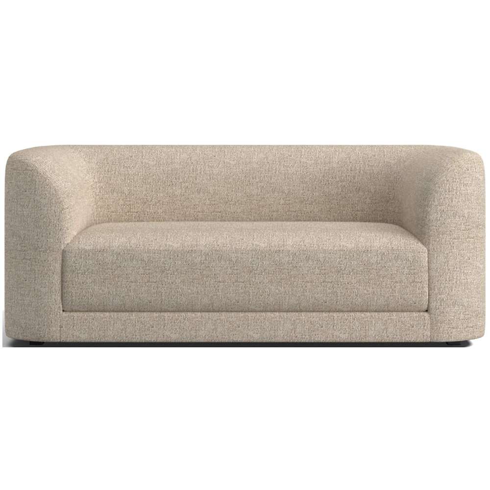 Fabric Silver (Comodo Textured Weave) Crate & Barrel Contour Sofa featuring silver textured weave upholstery, rounded corners, and a spacious cushioned seat