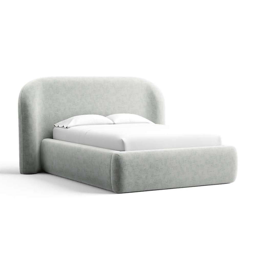 Fabric Silver (Monet Recycled Chenille) Crate & Barrel Adelaide Curved Upholstered Bed upholstered in soft silver chenille with a curved headboard and plush upholstered frame