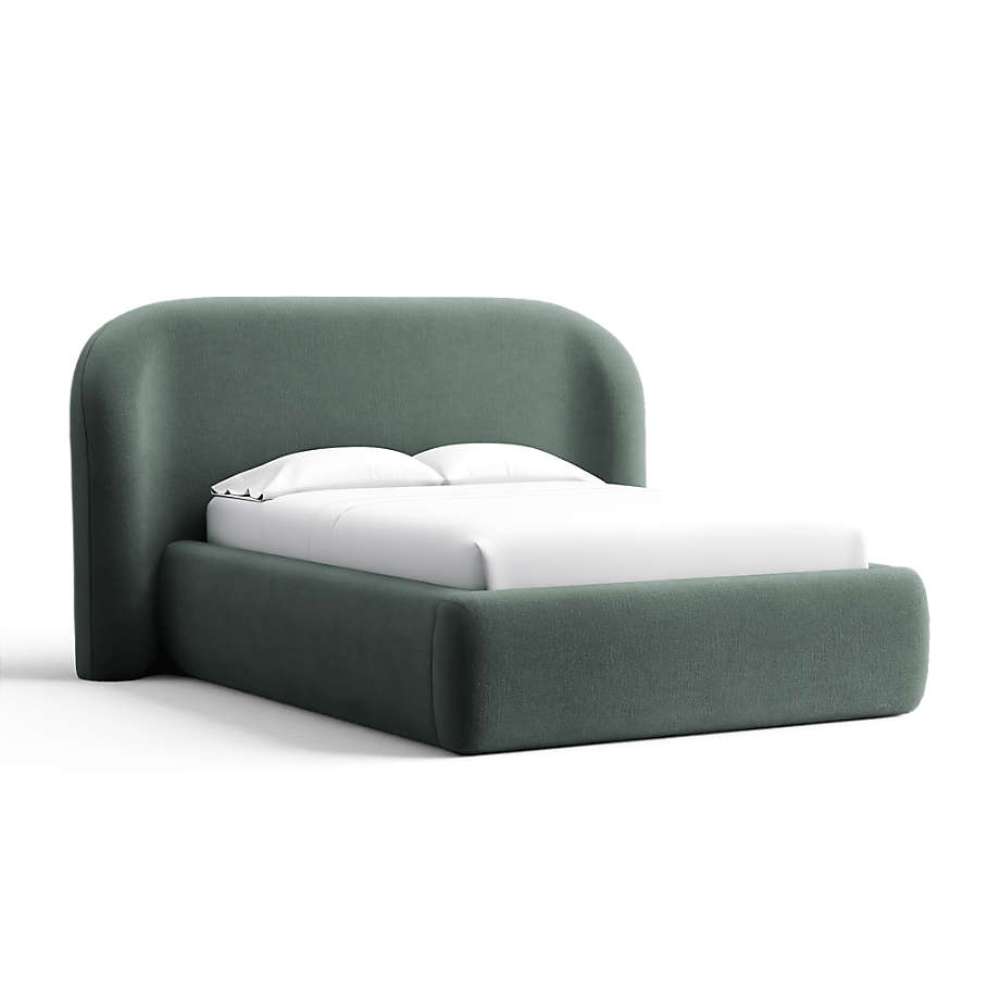 Fabric Slate (Palisades Recycled Chenille) Crate & Barrel Adelaide Curved Upholstered Bed upholstered in slate green chenille with a rounded headboard and fully upholstered frame