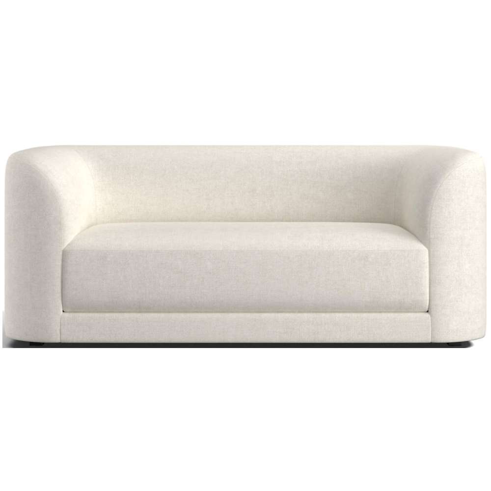 Fabric Snow (Winsome Recycled Chenille) Crate & Barrel Contour Sofa upholstered in soft white recycled chenille with curved sides, a thick seat cushion, and a contemporary design