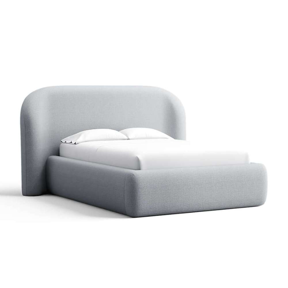 Fabric Spa (Icon Chenille) Crate & Barrel Adelaide Curved Upholstered Bed in soft spa blue chenille with a curved headboard and padded platform