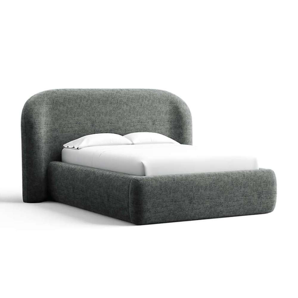 Fabric Storm (Monet Recycled Chenille) Crate & Barrel Adelaide Curved Upholstered Bed wrapped in storm gray chenille with a curved headboard and plush upholstered frame