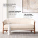 Fabric Tapioca (Lucie Boucle) Crate & Barrel Contour Sofa displayed with labels highlighting its hand-tied suspension, supportive cushion, and taller seat height