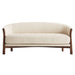 Fabric Tapioca (Lucie Boucle) Crate & Barrel Contour Sofa shown from the front with cream boucle upholstery, a curved back, and a walnut wood frame