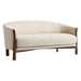 Fabric Tapioca (Lucie Boucle) Crate & Barrel Contour Sofa shown in a front angled view with cream boucle upholstery and a curved walnut wood frame