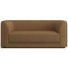 Fabric Tawny (Serene Textured Weave) Crate & Barrel Contour Sofa upholstered in warm brown textured weave fabric with rounded arms and a deep cushioned seat