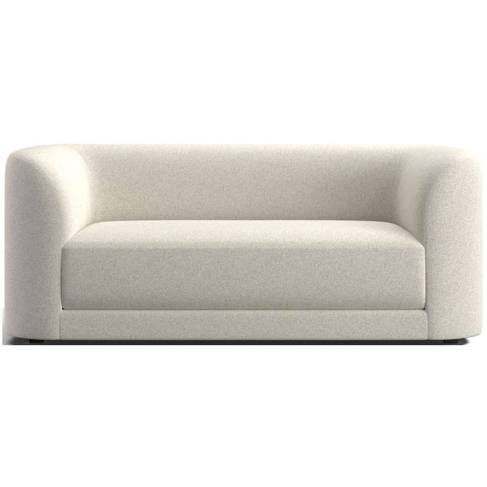 Fabric Vanilla (Belden Boucle) Crate & Barrel Contour Sofa featuring soft vanilla boucle upholstery, curved arms, and a clean modern silhouette