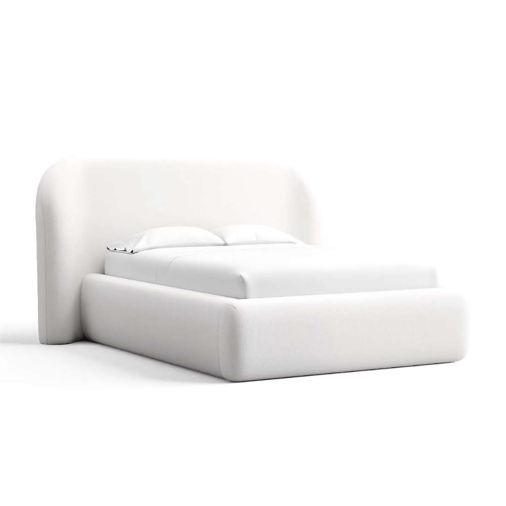 Fabric White (Icon Chenille) Crate & Barrel Adelaide Curved Upholstered Bed in white chenille upholstery with a rounded headboard and fully upholstered base