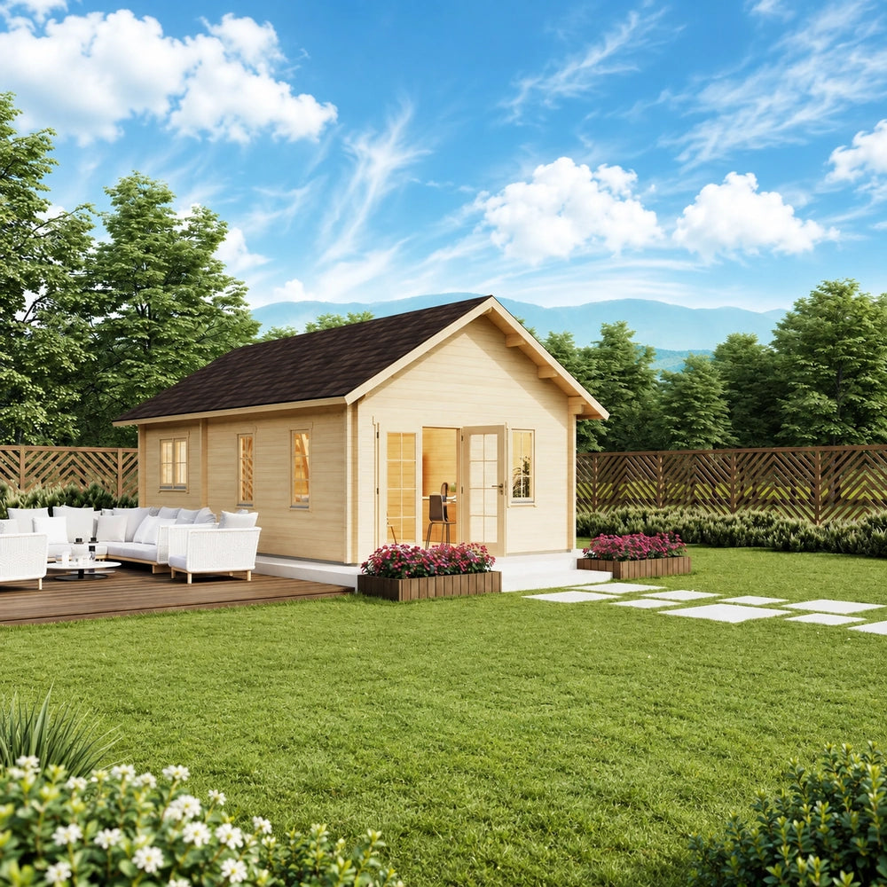 Small light wood cabin with a dark gabled roof, glass double doors, and a patio with white seating on a green lawn.