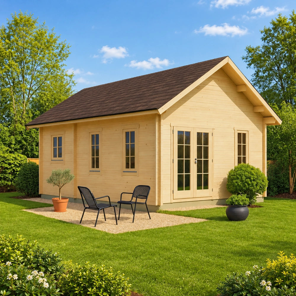 Light wood Farum 70 cabin with a gabled roof, double glass doors, and two black chairs on a gravel patio in a green yard.
