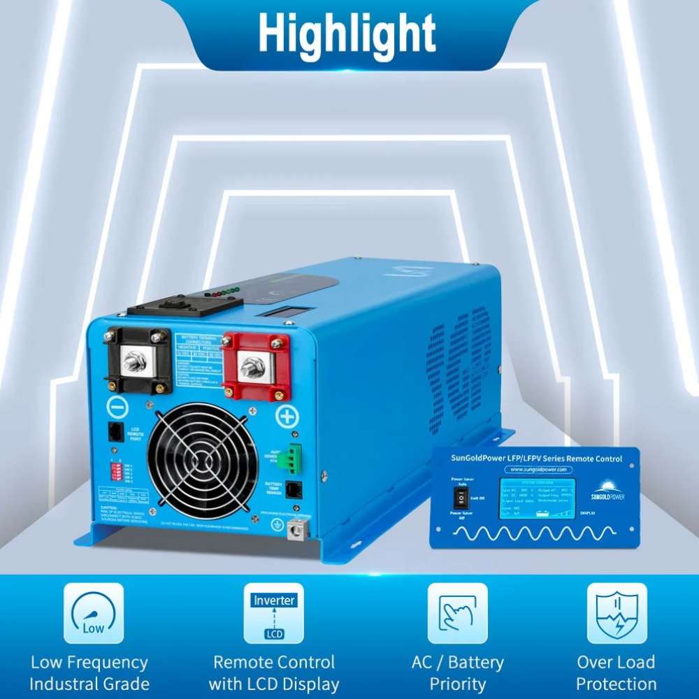 Feature display of Sun Gold Power 4000W DC 24V Pure Sine Wave Inverter With Charger with LCD remote, overload protection, and AC or battery priority.