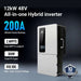 Feature graphic of Sun Gold Power 12000W 48V All-in-One Hybrid Solar Inverter highlighting 200A whole-home backup, dual MPPTs, 18kW PV input, and 550VDC maximum input