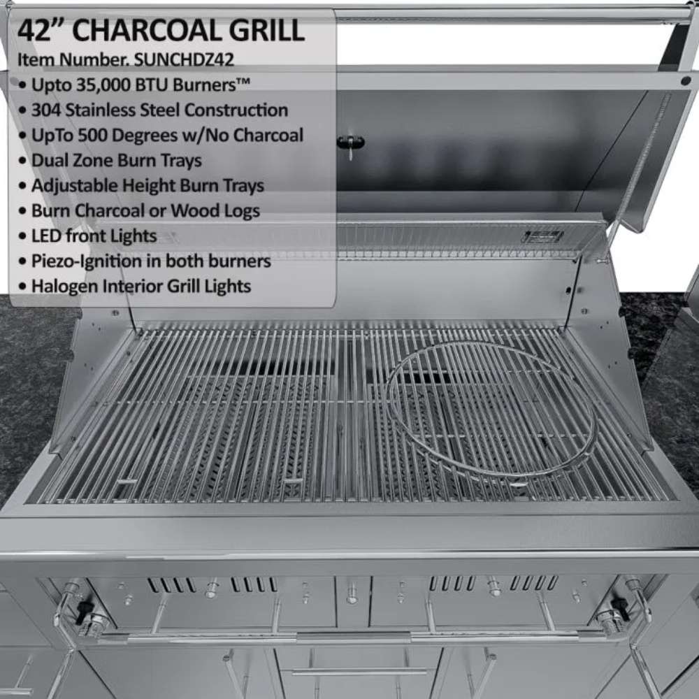Feature overlay of Sunstone Dallas 14ft Outdoor Kitchen Island Package with Gas Hybrid Charcoal Grill highlighting charcoal grill specs and cooking surface