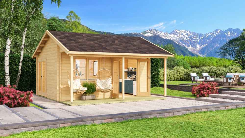 Featuring hanging egg chairs and an outdoor kitchen setup, the GardenHouse24 USA Lerum 44 Garden Room sits in a lush mountain landscape