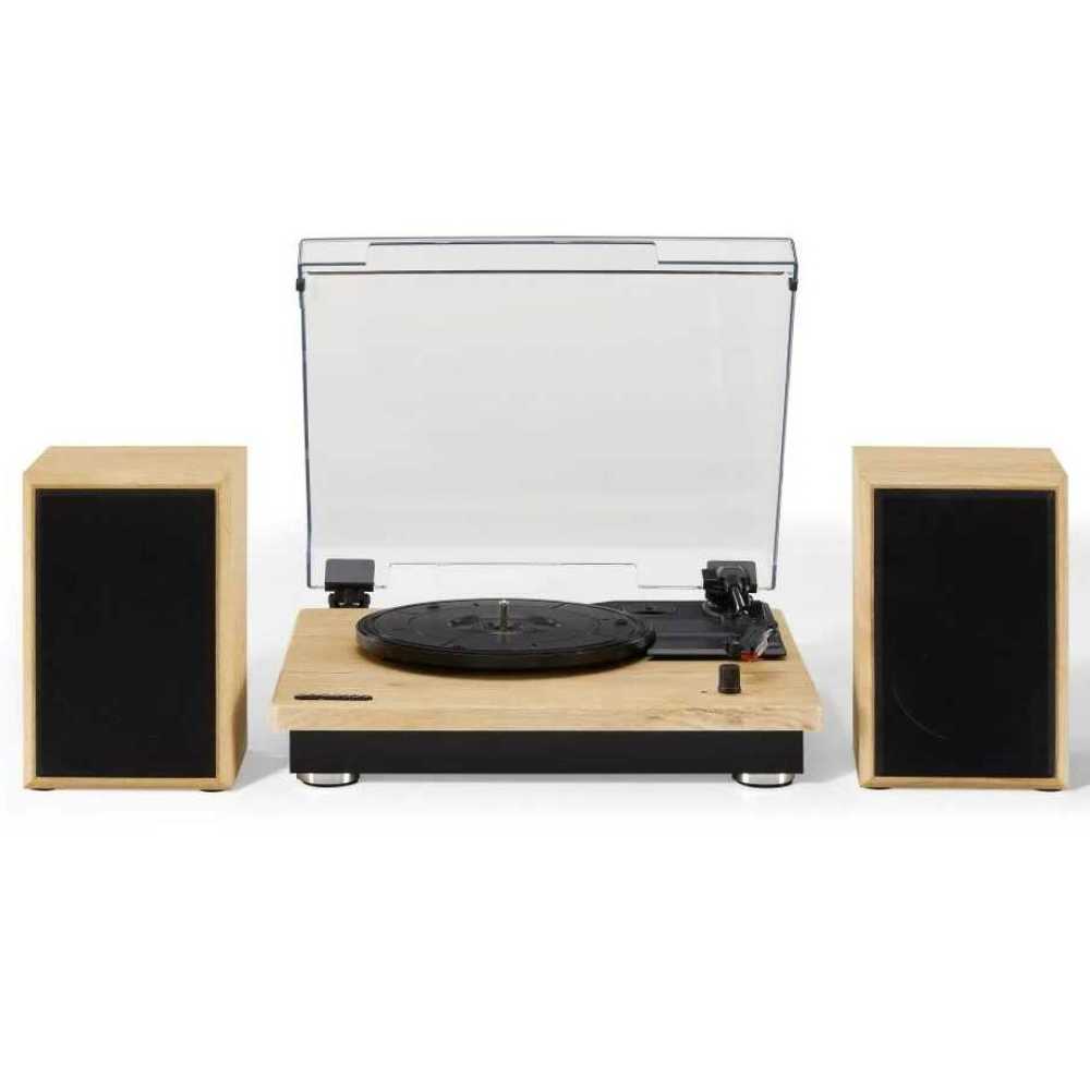 Featuring a minimalist wooden design, the Crosley Brio Turntable System - Natural comes with two matching speakers and a protective dust cover