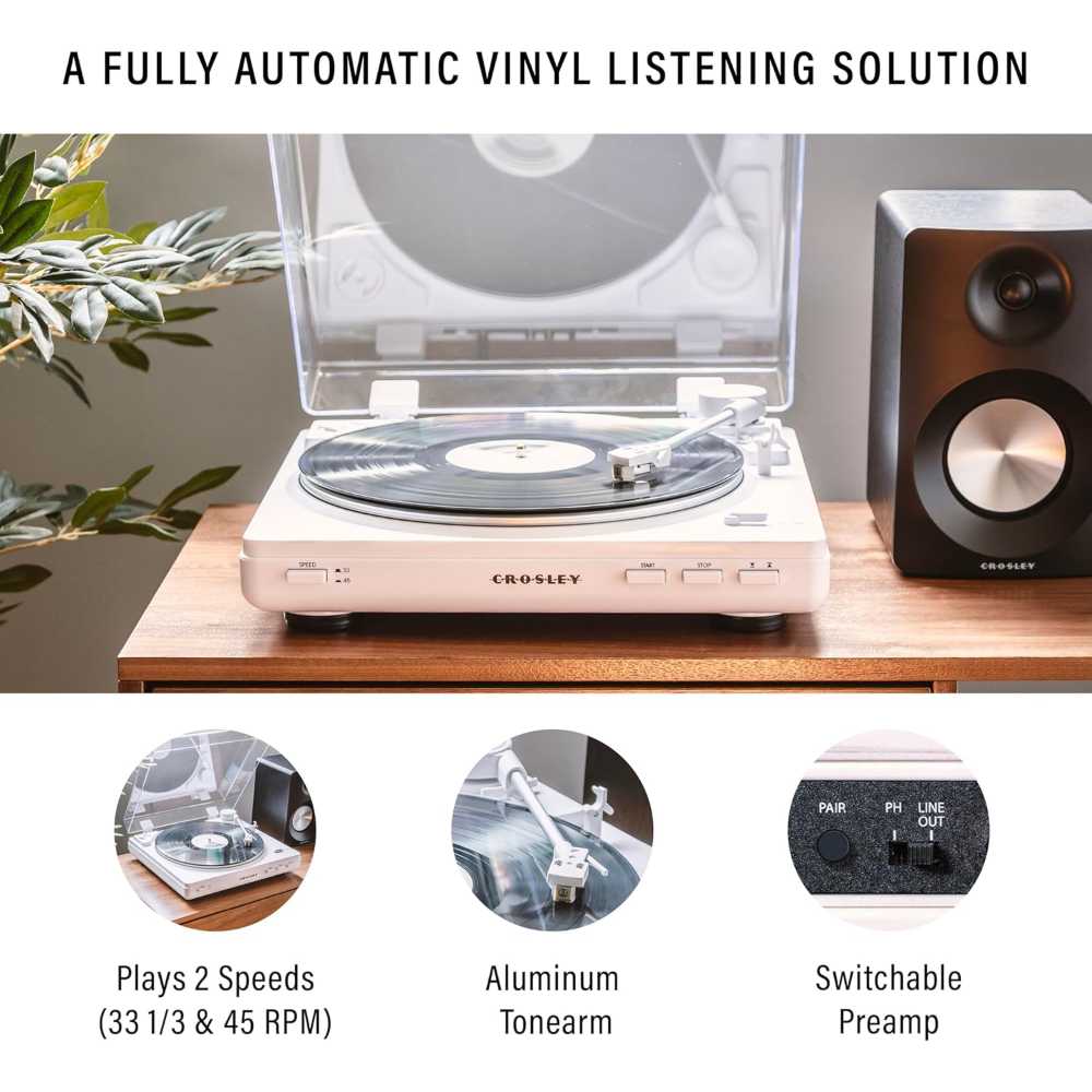 Featuring an aluminum tonearm and switchable preamp, the Crosley T400D Component Bluetooth Turntable - White offers a fully automatic vinyl listening experience