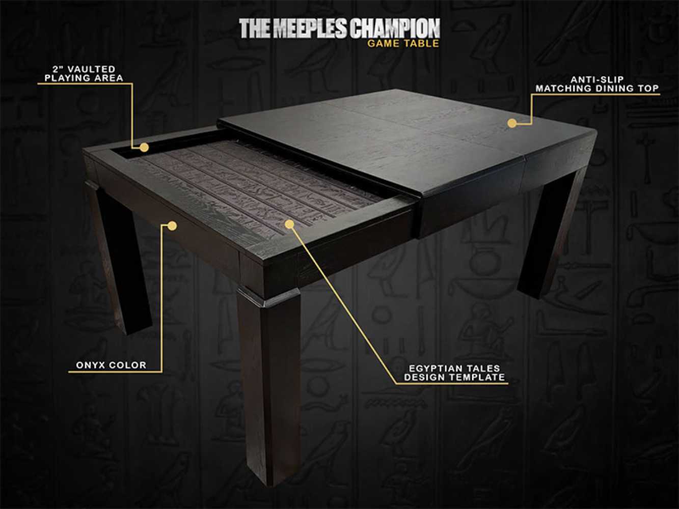 Featuring an onyx-colored Game Theory Tables The Meeples Champion Game Table with an Egyptian-themed template and anti-slip dining top