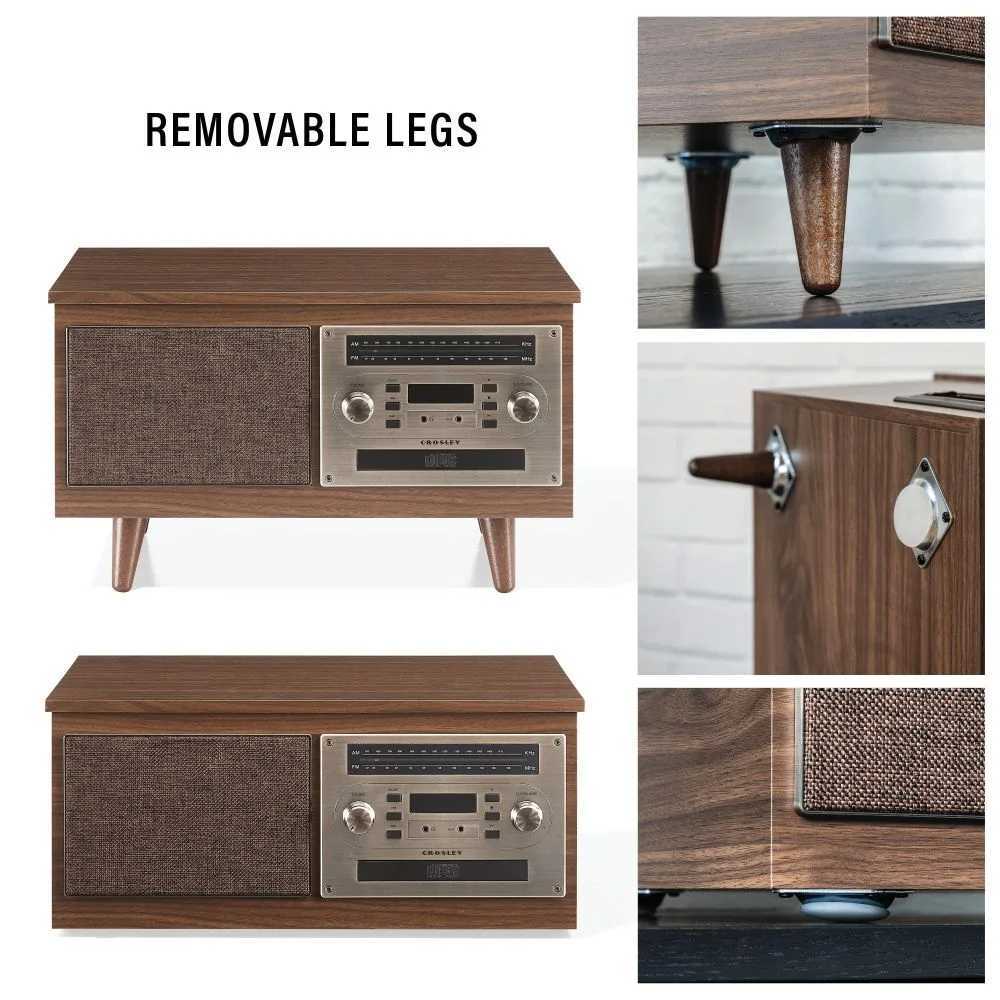 Featuring removable legs, the Crosley Serenade 8-In-1 Record Player - Walnut allows both tabletop and standalone setups