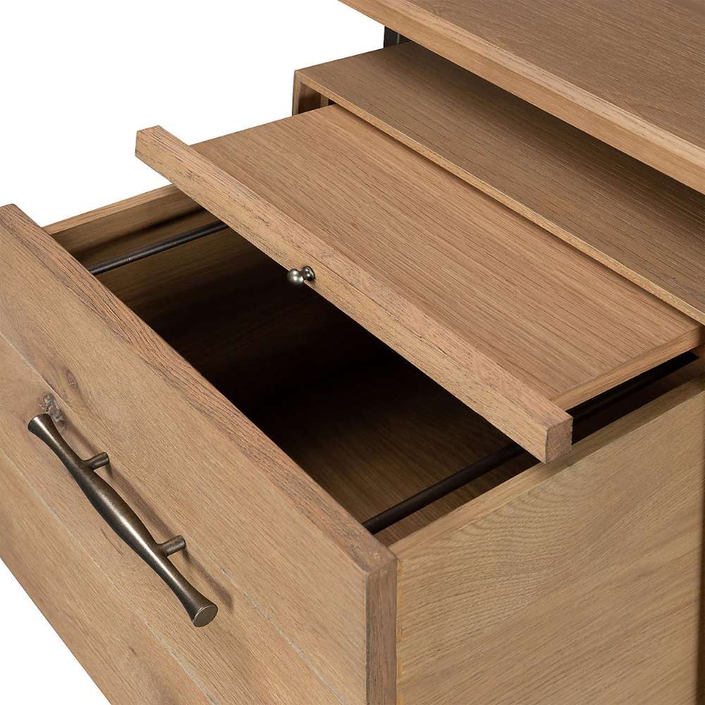 File drawer opens to reveal Crate & Barrel Sedgwick Solid Oak Wood Desk with Storage pull-out keyboard tray and hanging file storage