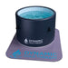 Filled with clear blue water, Golden Designs Dynamic Cold Therapy Inflatable Round Cold Plunge stands on a lavender floor mat printed with the Dynamic Cold Therapy logo