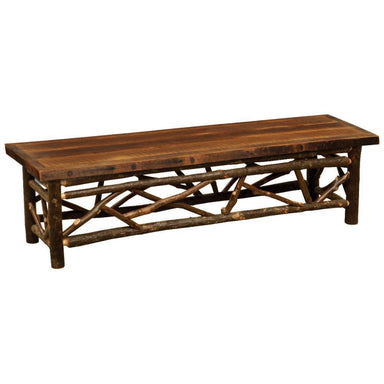 Fireside Lodge Appalachian 5-Foot Twig Bench with Barnwood Artisan Seat is a rustic wooden bench with a smooth barnwood seat and natural twig-style branch base