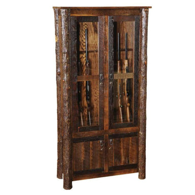 Fireside Lodge Appalachian Eight Gun Cabinet is a rustic log-style wooden cabinet with glass doors designed to securely store and display up to eight rifles