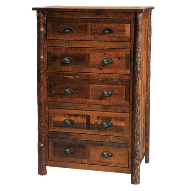 Fireside Lodge Appalachian Five Drawer Chest is a rustic wooden chest with five drawers and dark metal handles