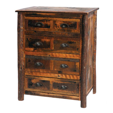 Fireside Lodge Appalachian Four Drawer Chest is a rustic dark-stained wooden chest with four drawers and black half-moon handles, shown from a front angle on a plain white background