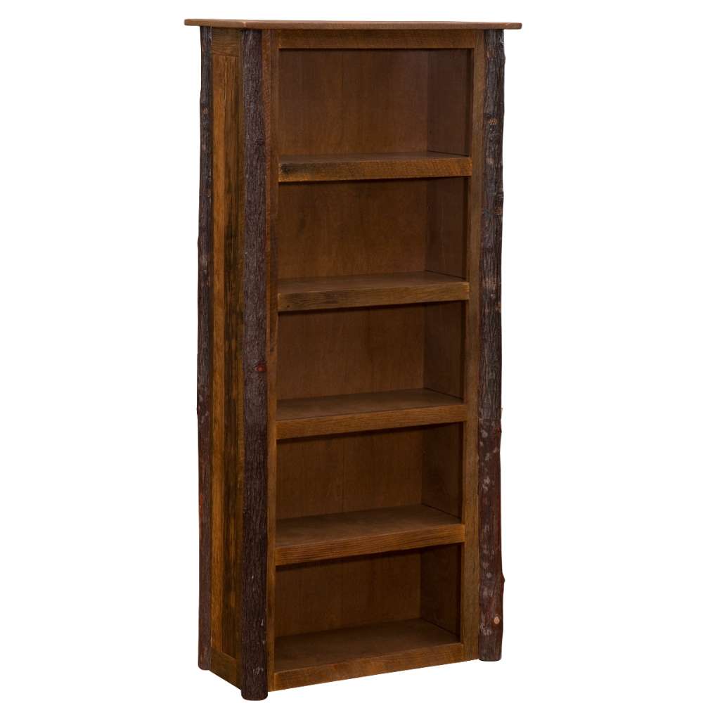 Fireside Lodge Appalachian Medium Bookshelf is a tall, rustic wooden bookshelf with four open shelves and a dark natural wood finish
