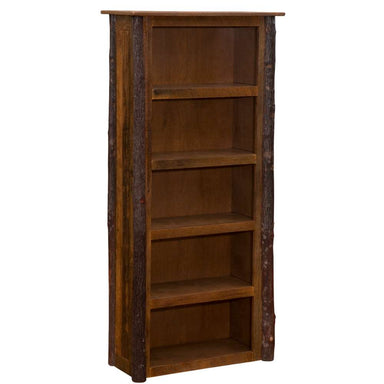 Fireside Lodge Appalachian Medium Bookshelf is a tall, rustic wooden bookshelf with four open shelves and a dark natural wood finish