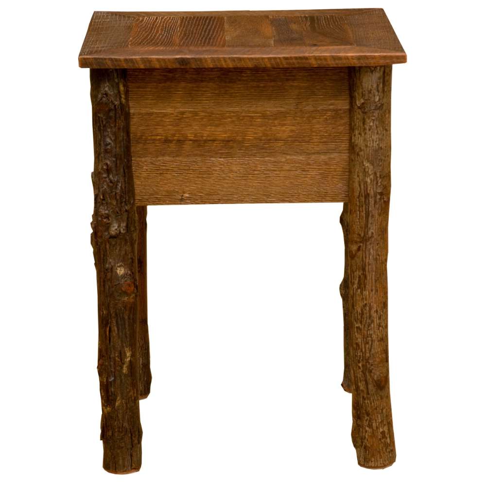 Fireside Lodge Appalachian One Drawer Nightstand is shown from the back, featuring a solid wood panel and thick log legs