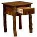 Fireside Lodge Appalachian One Drawer Nightstand is shown with its single drawer open, revealing a light interior and sturdy log legs