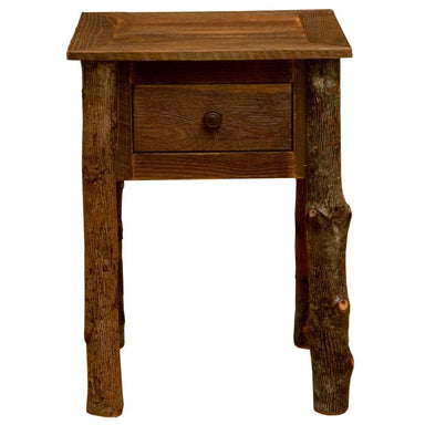 Fireside Lodge Appalachian One Drawer Nightstand is viewed from the front, highlighting its single drawer and natural log legs