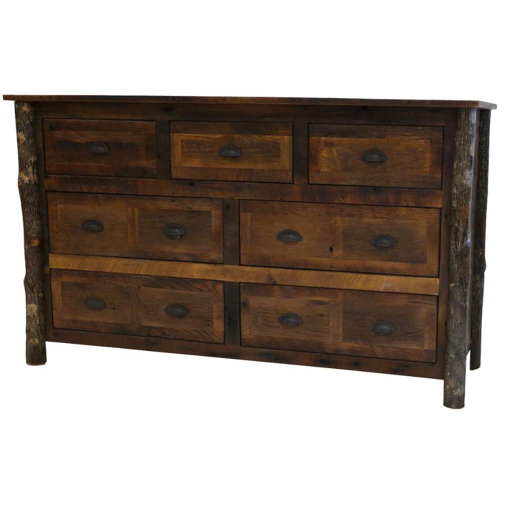 Fireside Lodge Appalachian Seven Drawer Dresser is a rustic dark wood dresser with seven drawers, black metal pulls, and log-style side posts