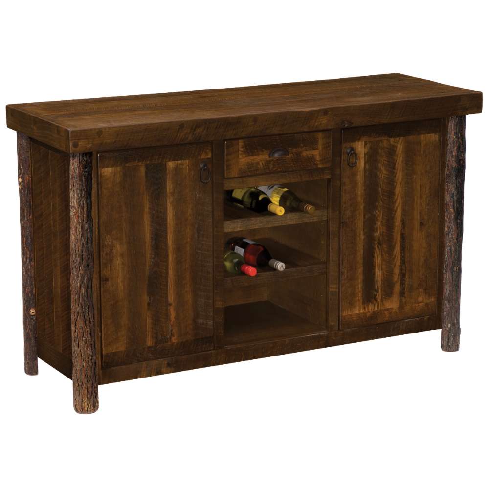 Fireside Lodge Appalachian Sideboard with Wine Rack Shelves features log-style corner posts, side cabinets, and center wine rack shelves