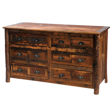 Fireside Lodge Appalachian Six Drawer Dresser is a rustic dark wood dresser with six drawers and metal cup handles