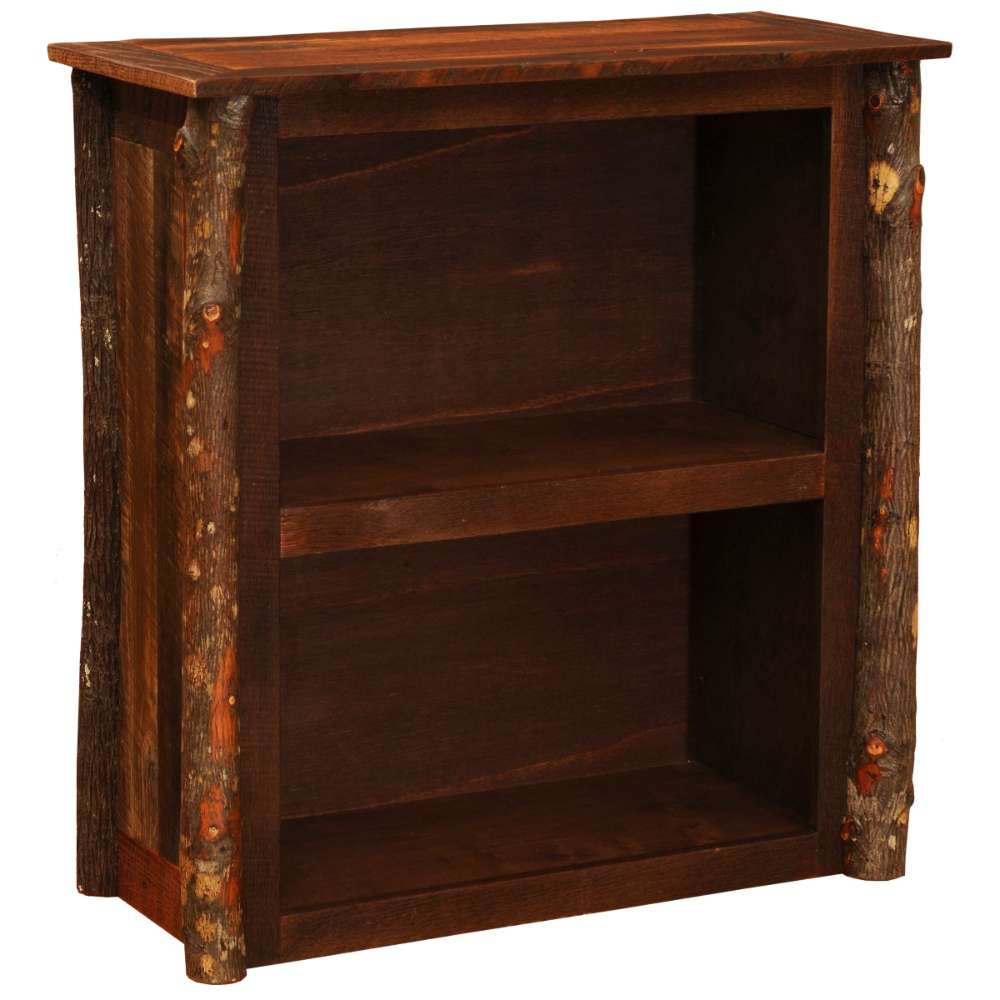 Fireside Lodge Appalachian Small Bookshelf is a small rustic wooden bookshelf with two open shelves and thick log-style sides