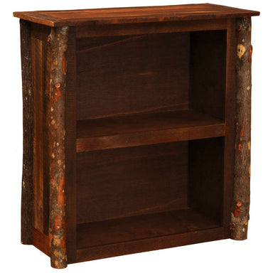 Fireside Lodge Appalachian Small Bookshelf is a small rustic wooden bookshelf with two open shelves and thick log-style sides