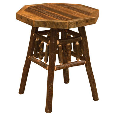 Fireside Lodge Appalachian Teton Nightstand is a rustic wooden piece with a sturdy, octagonal top and hand-crafted log-style legs
