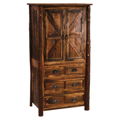 Fireside Lodge Appalachian Three Drawer Armoire is a tall rustic wood cabinet with barn-style double doors on top and three drawers with dark metal handles below