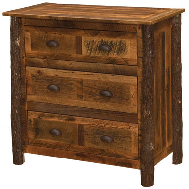 Fireside Lodge Appalachian Three Drawer Chest is a rustic wood chest with three drawers, log-style corner posts, and dark metal cup pulls